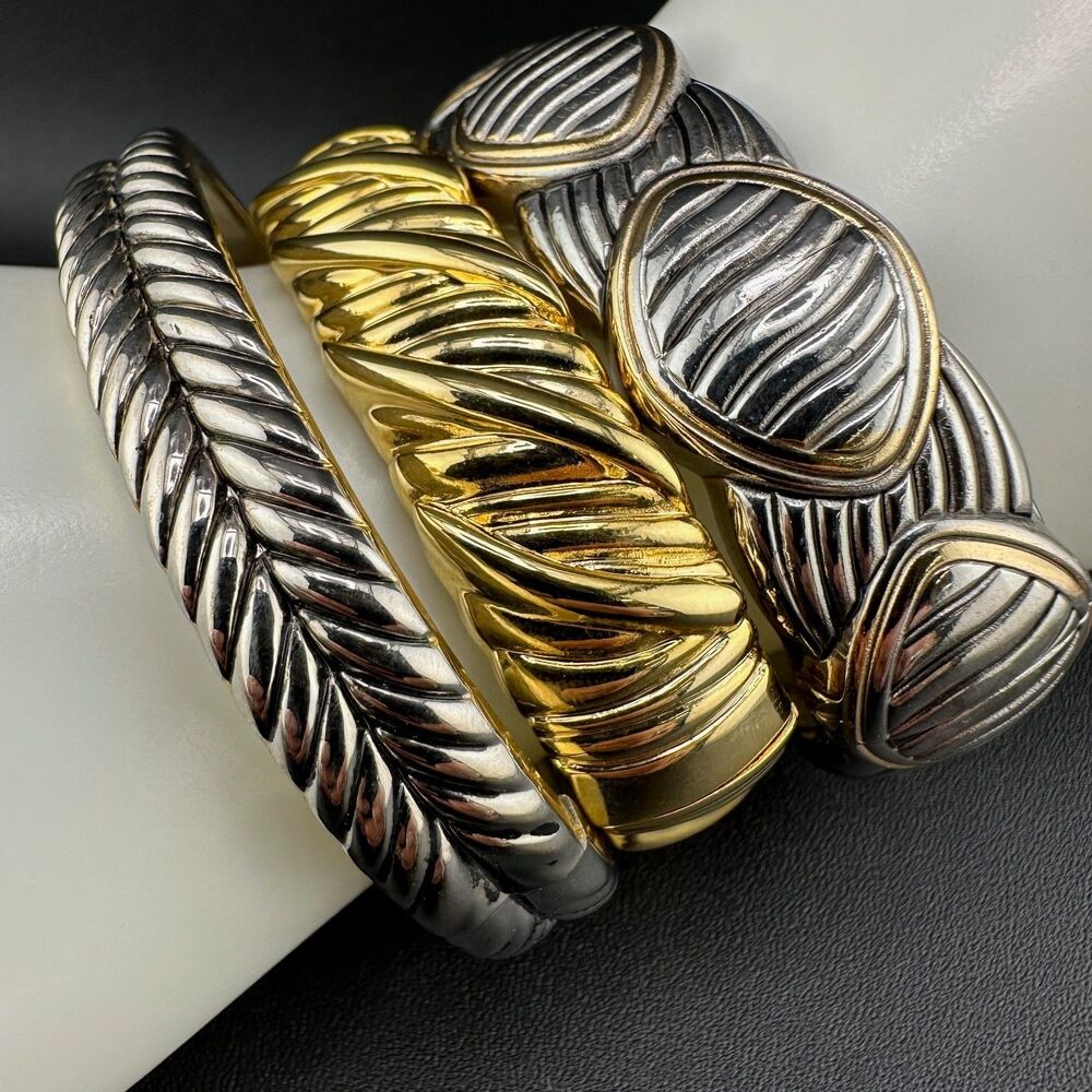 Vintage Hinged Bangle Bracelet Lot Chunky Gold Silver Tone Ribbed Textured